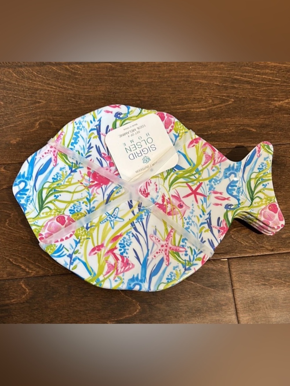Sigrid Olsen Fish Shape salad plates Set Of 4 Ocean Coral Reef Melamine Nautical
